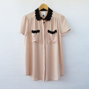 Anthropologie HD in Paris Nudey Beige Blush Peter Pan Scallop Collared Blouse